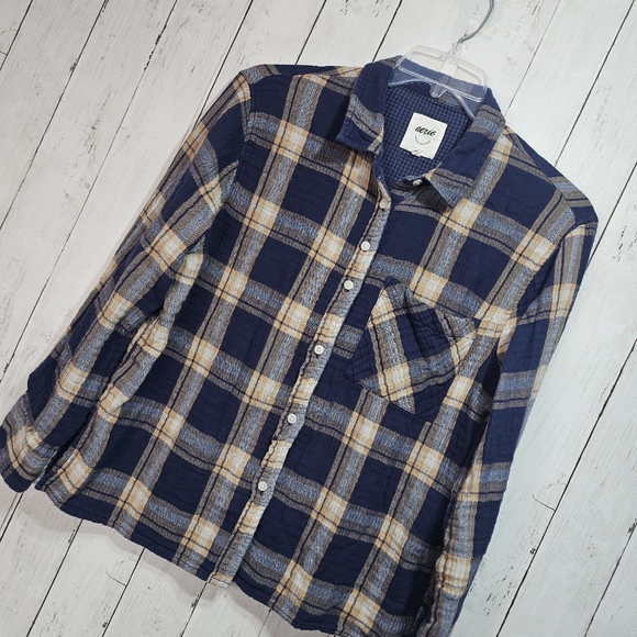 Aerie Plaid Button Down Shirt Cotton Gauze Size Medium Women’s Blue Cream Tan. - Picture 3 of 8